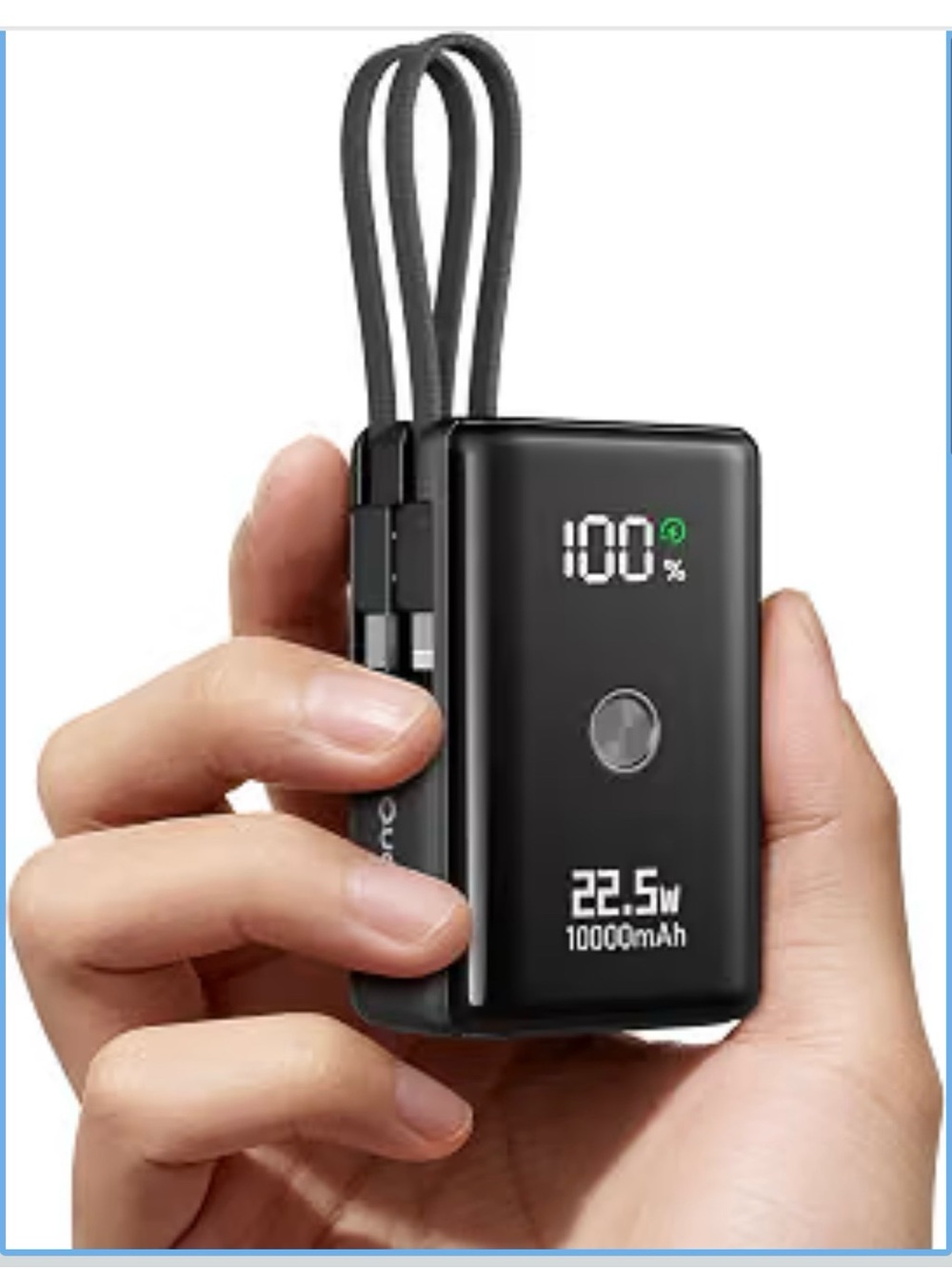 Portable charger 10000mAj with 2 built-in cables 46% smaller